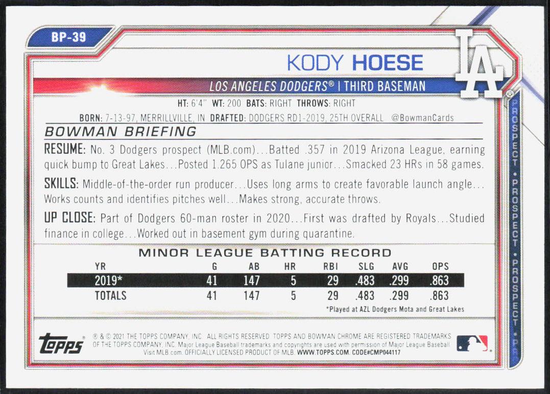 Kody Hoese 2021 Bowman #BP-39 Prospects Sky Blue #/499