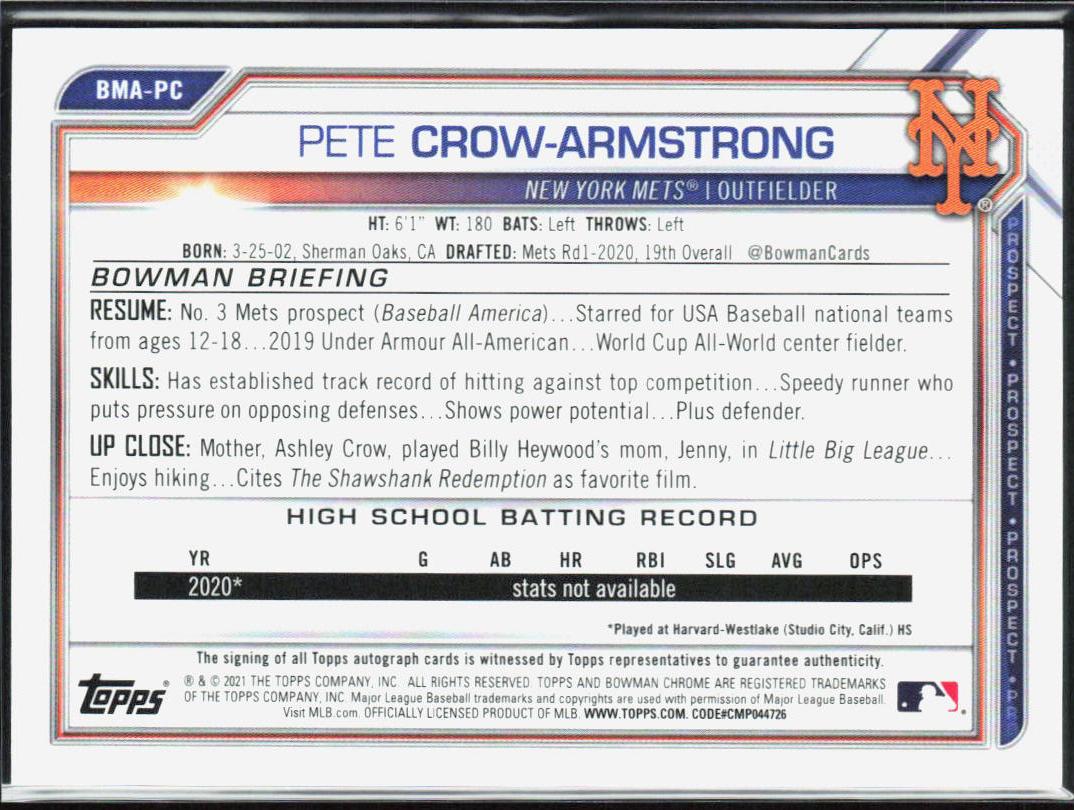 Pete Crow-Armstrong 2021 Bowman #BMA-PC Auto Mojo Refractor