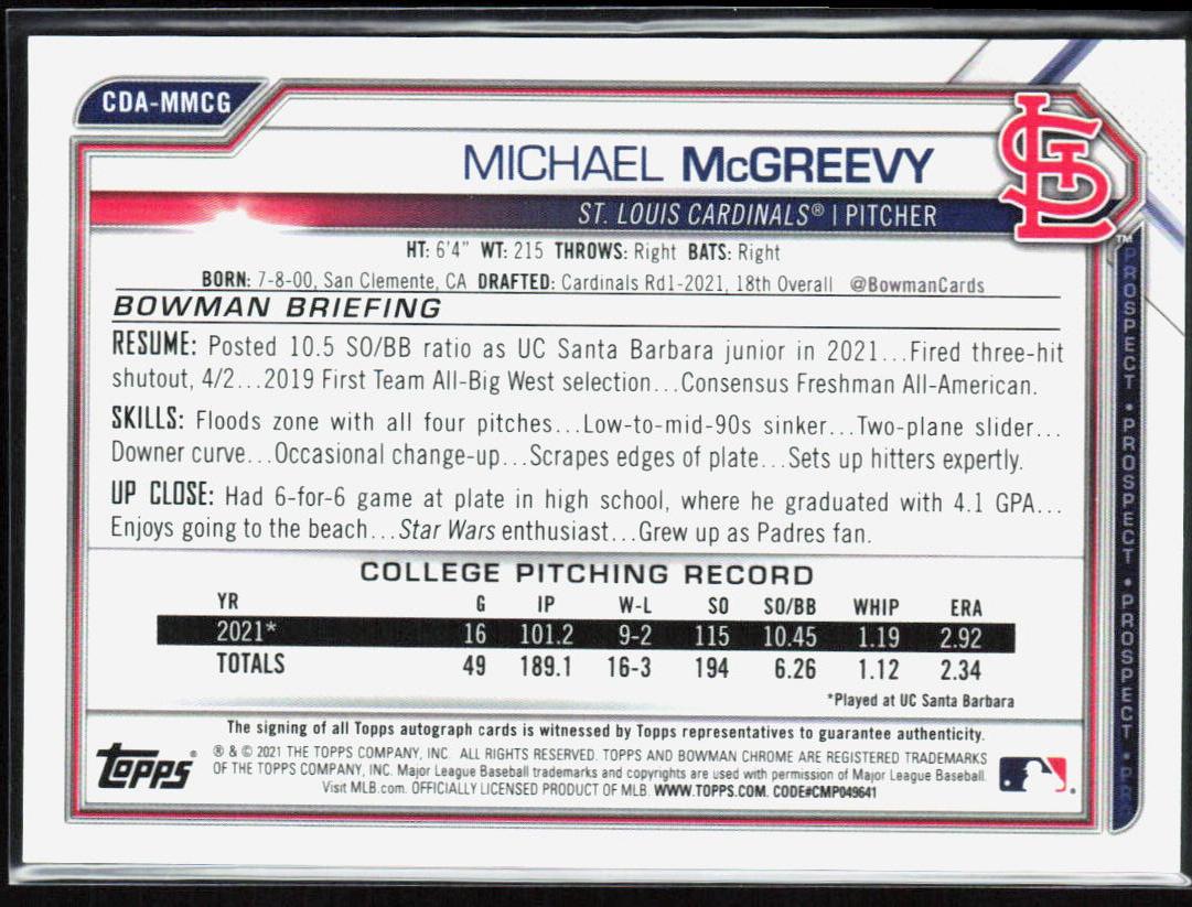 Michael McGreevy 2021 Bowman Draft #CDA-MMCG Chrome Draft Pick Autographs