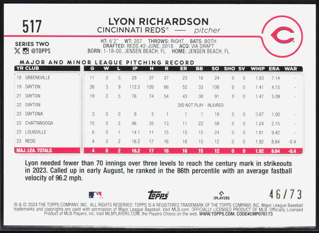 Lyon Richardson 2024 Topps #517 Black #/73