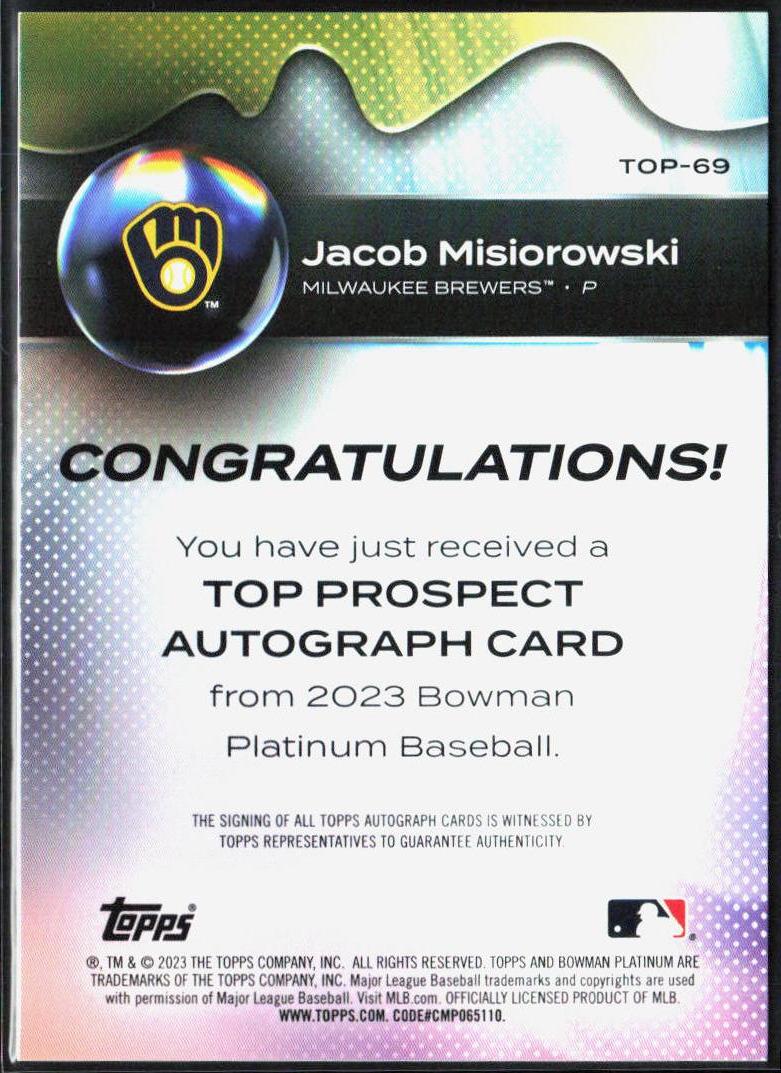 Jacob Misiorowski 2023 Bowman Platinum #TOP-69 Top Prospects Autographs