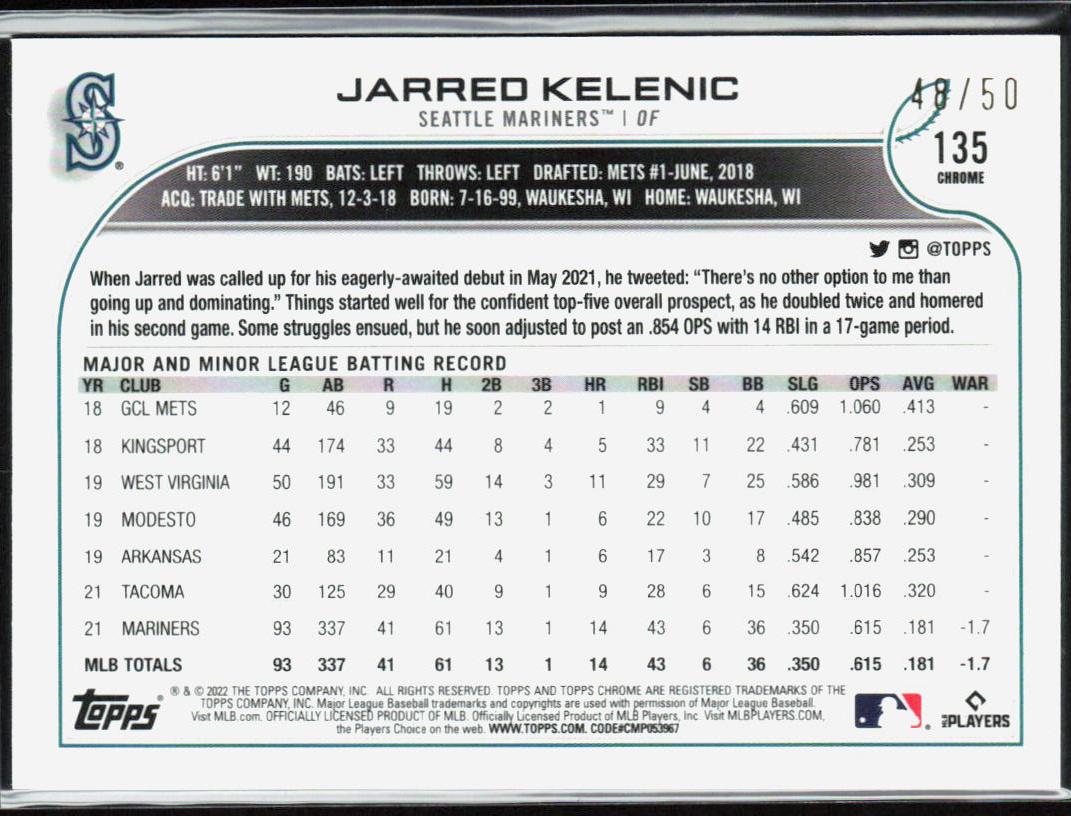 Jarred Kelenic 2022 Topps Chrome #135 Gold Wave Refractor #/50