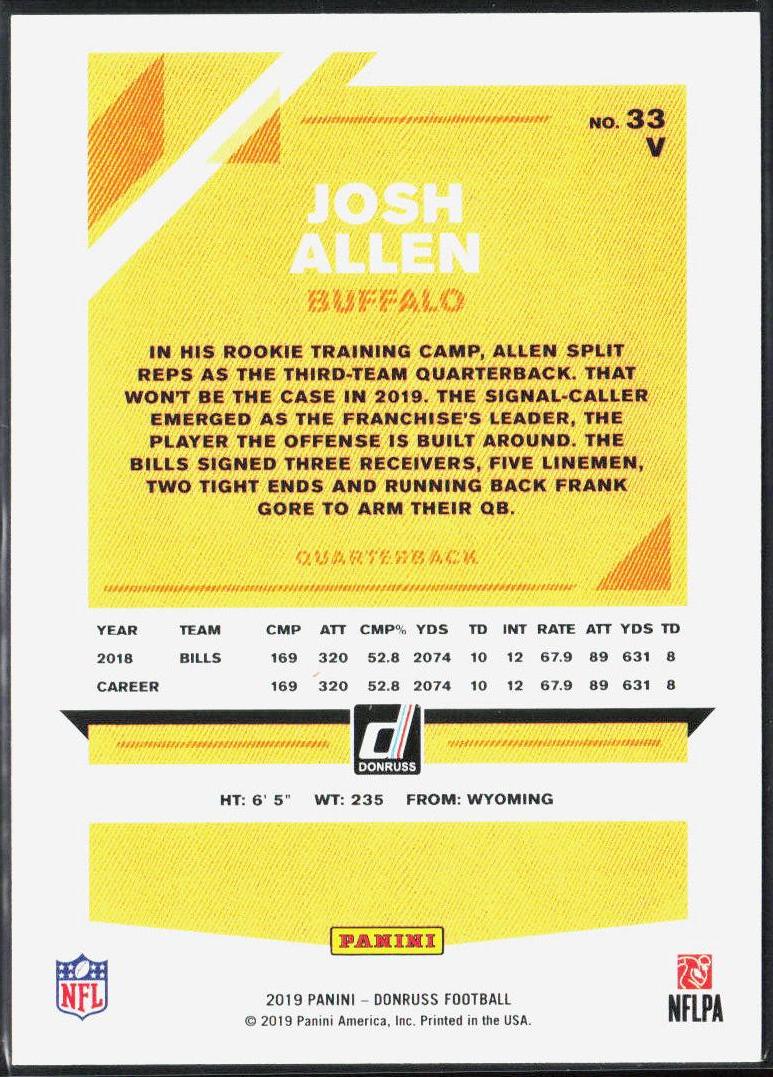 Josh Allen 2019 Donruss #33V Press Proof Blue celebrating