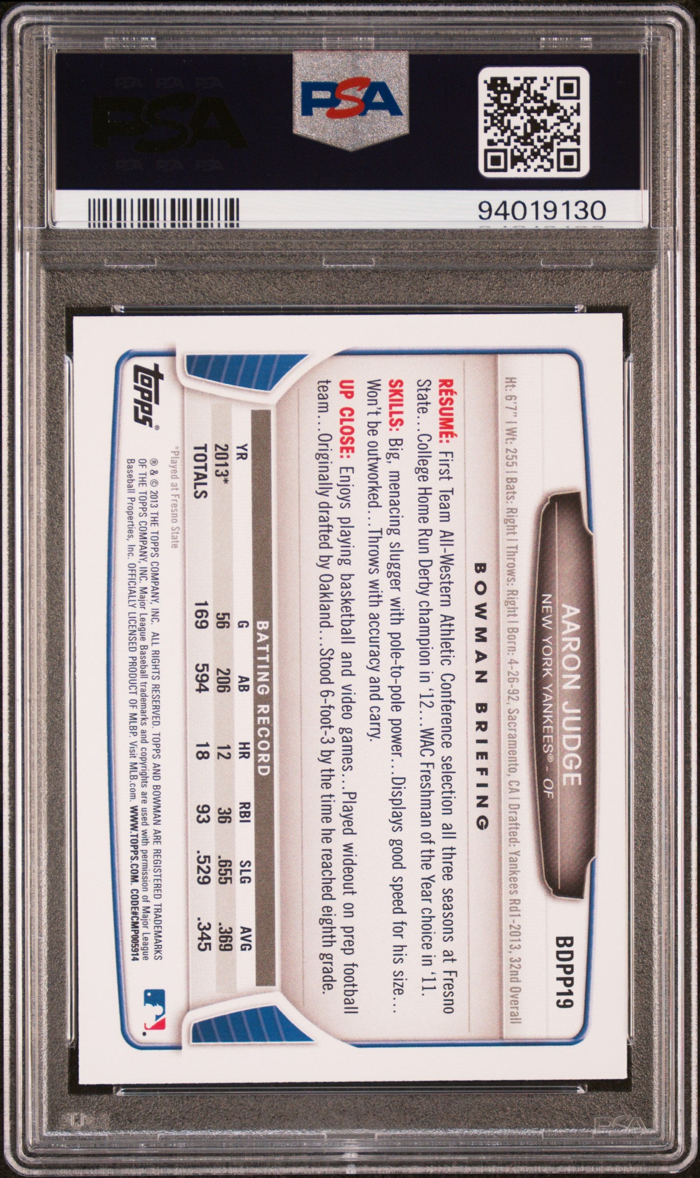 Aaron Judge 2013 Bowman Draft Picks & Prospects #BDPP19 PSA 10