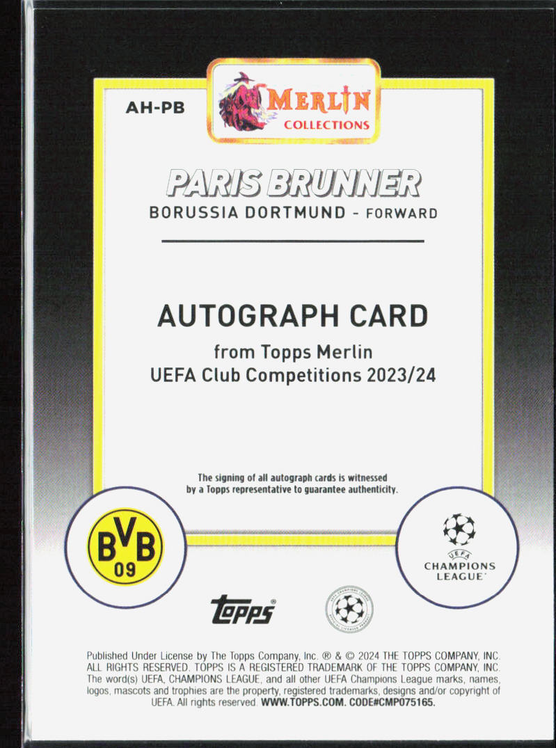 Paris Brunner 2023-24 Merlin UEFA Club Competitions #AH-PB Aqua Refractor #/199