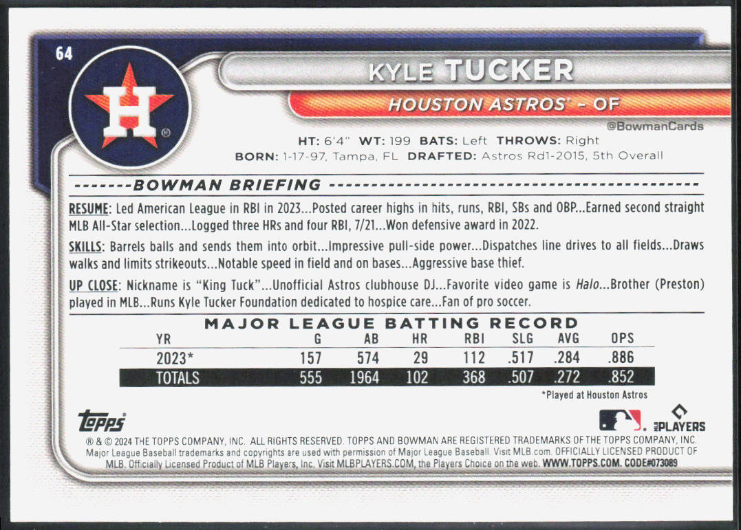 Kyle Tucker 2024 Bowman #64 Yellow #/75