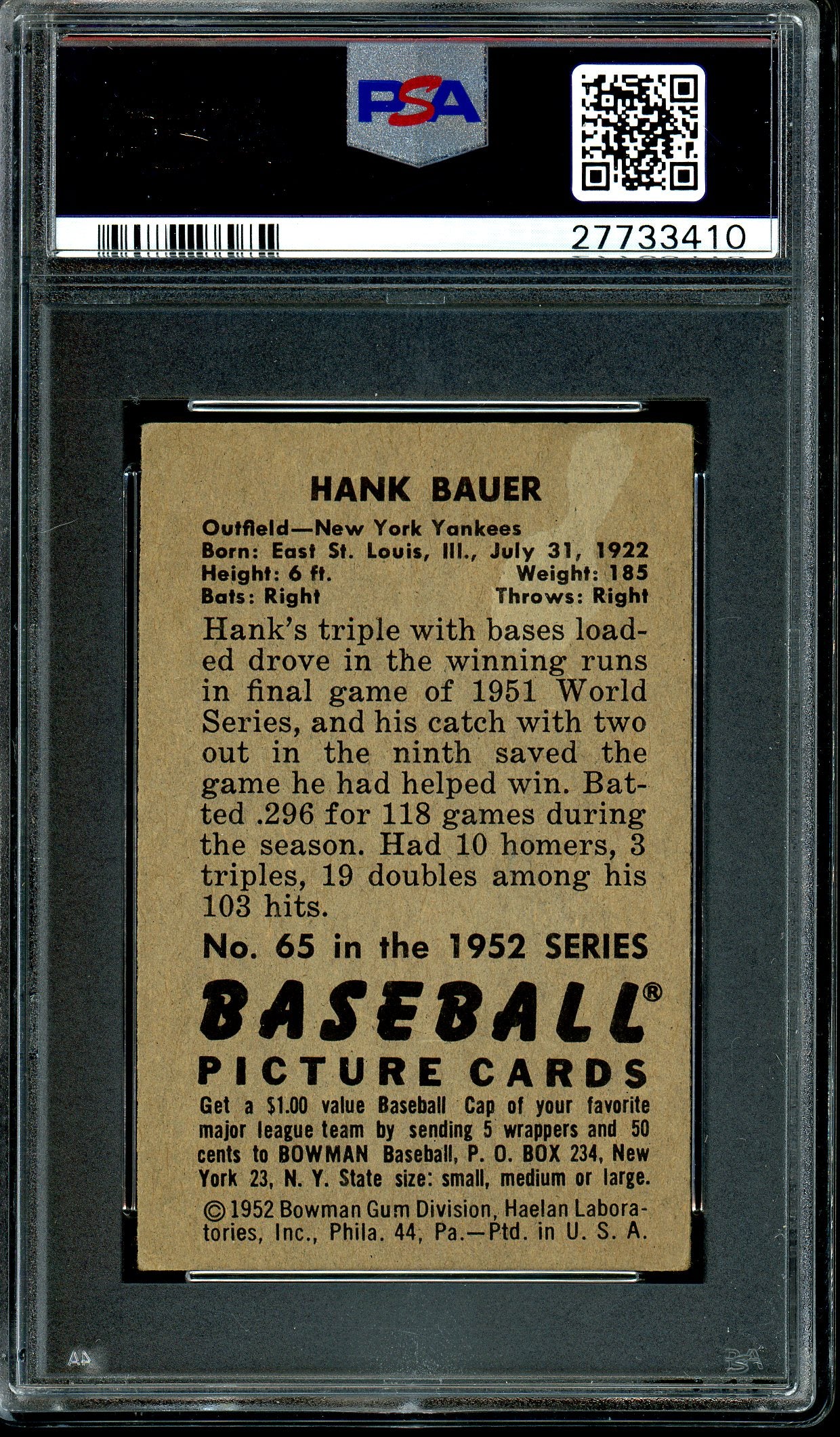 Hank Bauer 1952 Bowman #65 PSA 4