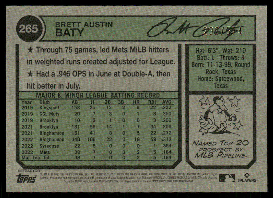 2023 Topps Heritage #265 Brett Baty Chrome Refractor #/574