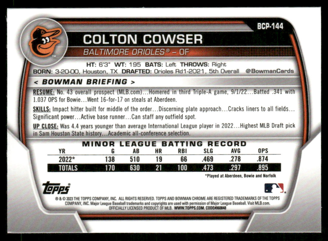 2023 Bowman Chrome Sapphire Colton Cowser BCP-144