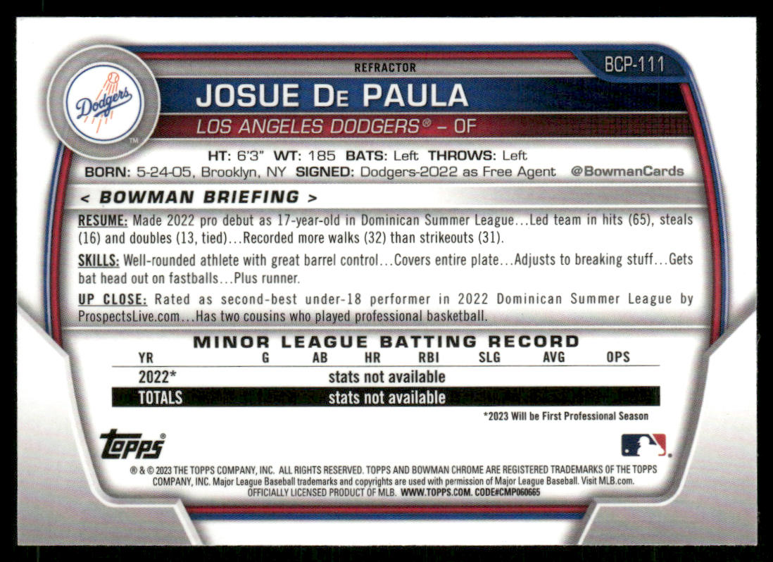 2023 Bowman #BP-111 Josue De Paula Prospects