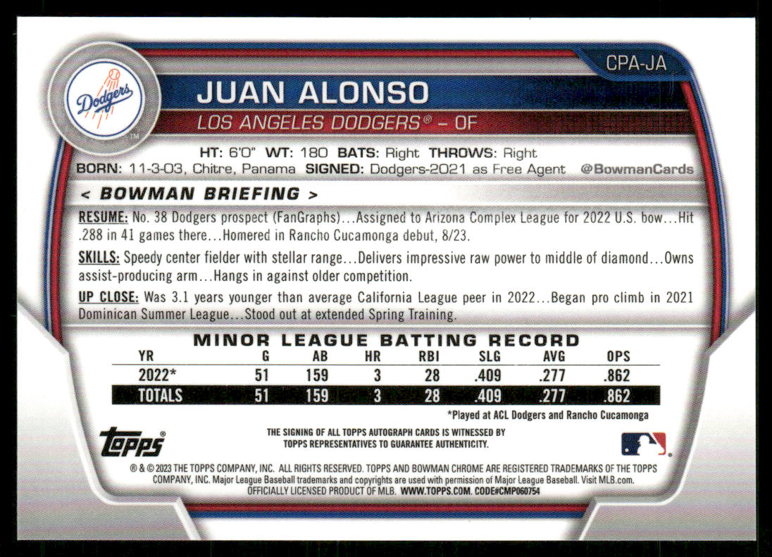 2023 Bowman #CPA-JA Juan Alonso Autographs Speckle Refractor #/299