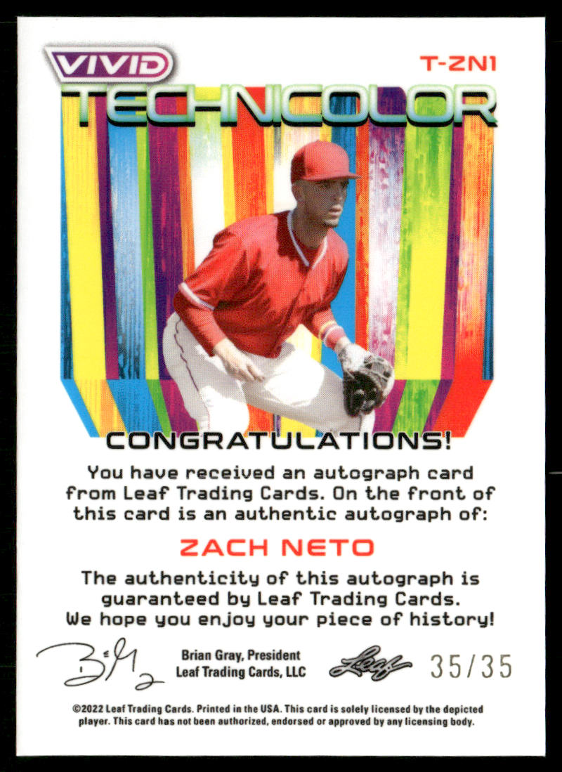 2022 Leaf Vivid #T-ZN1 Zach Neto Technicolor Red Autographs