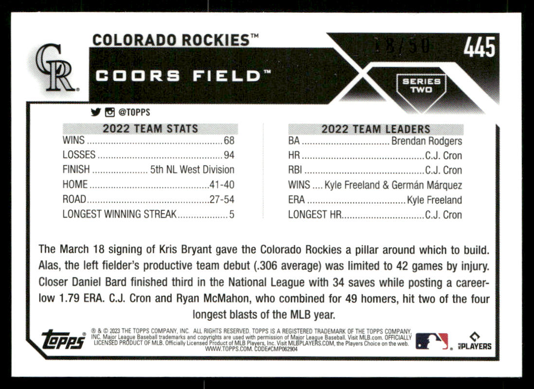 2023 TOPPS SERIES 2 COLORADO ROCKIES TEAM CARD /50 BLUE  #445