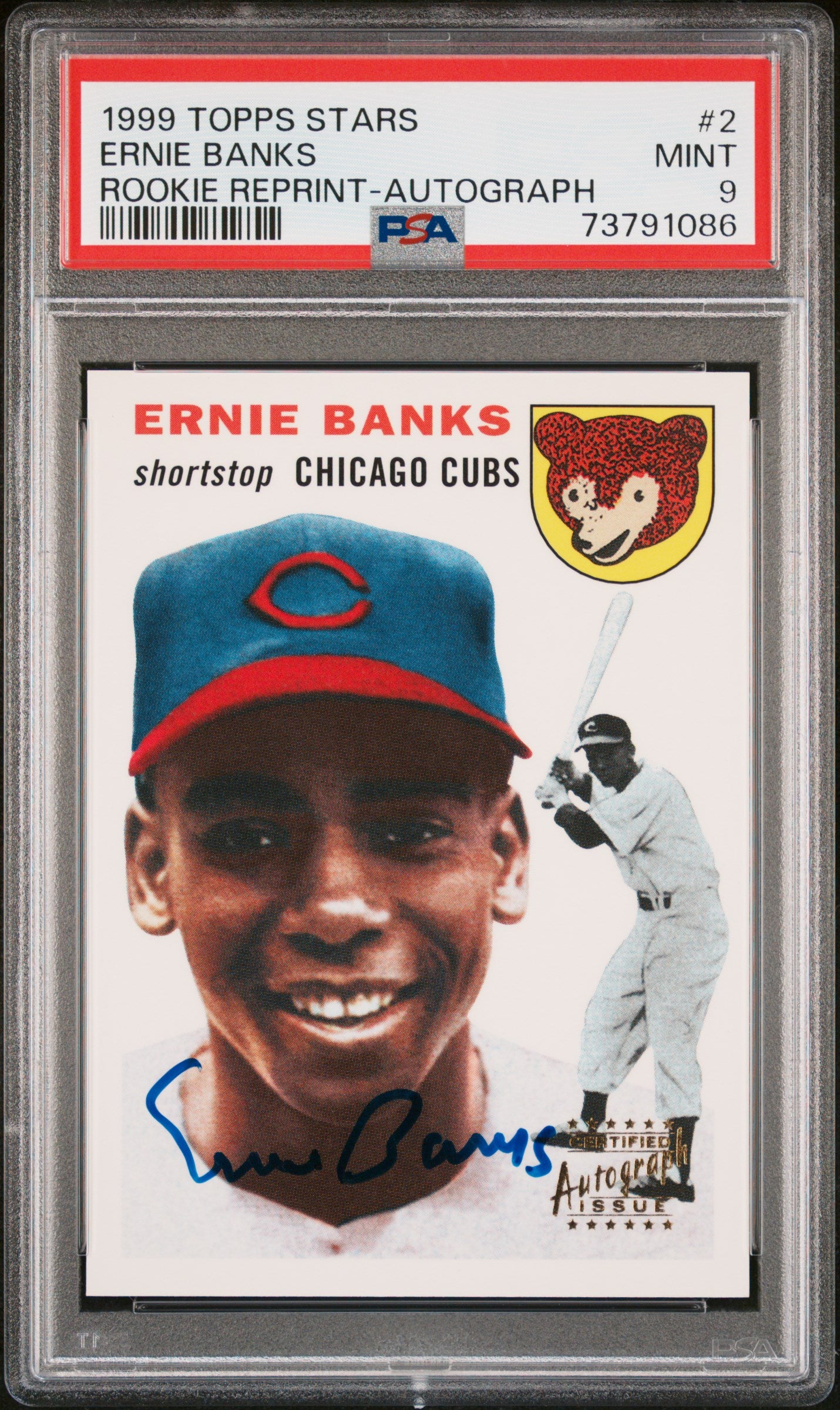 1999 Topps Stars Rookie Reprint #2 Ernie Banks Rookie Reprint-Autograph PSA 9