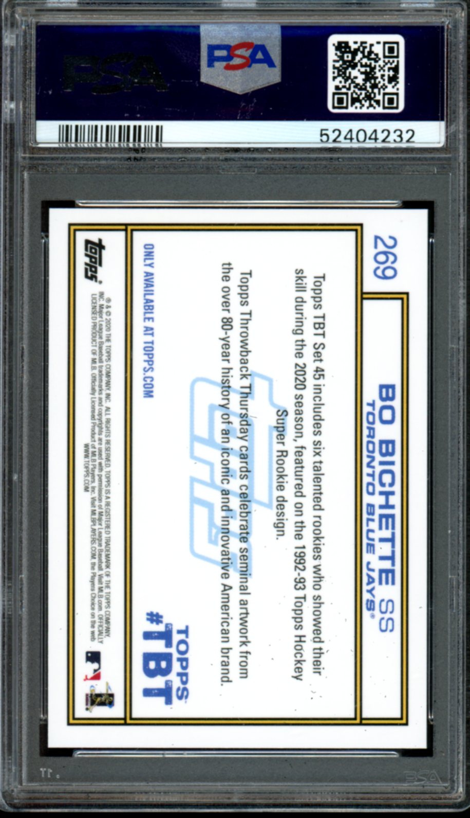 2020 Topps Throwback Thursday #269 Bo Bichette Throwback Thursday PSA 8