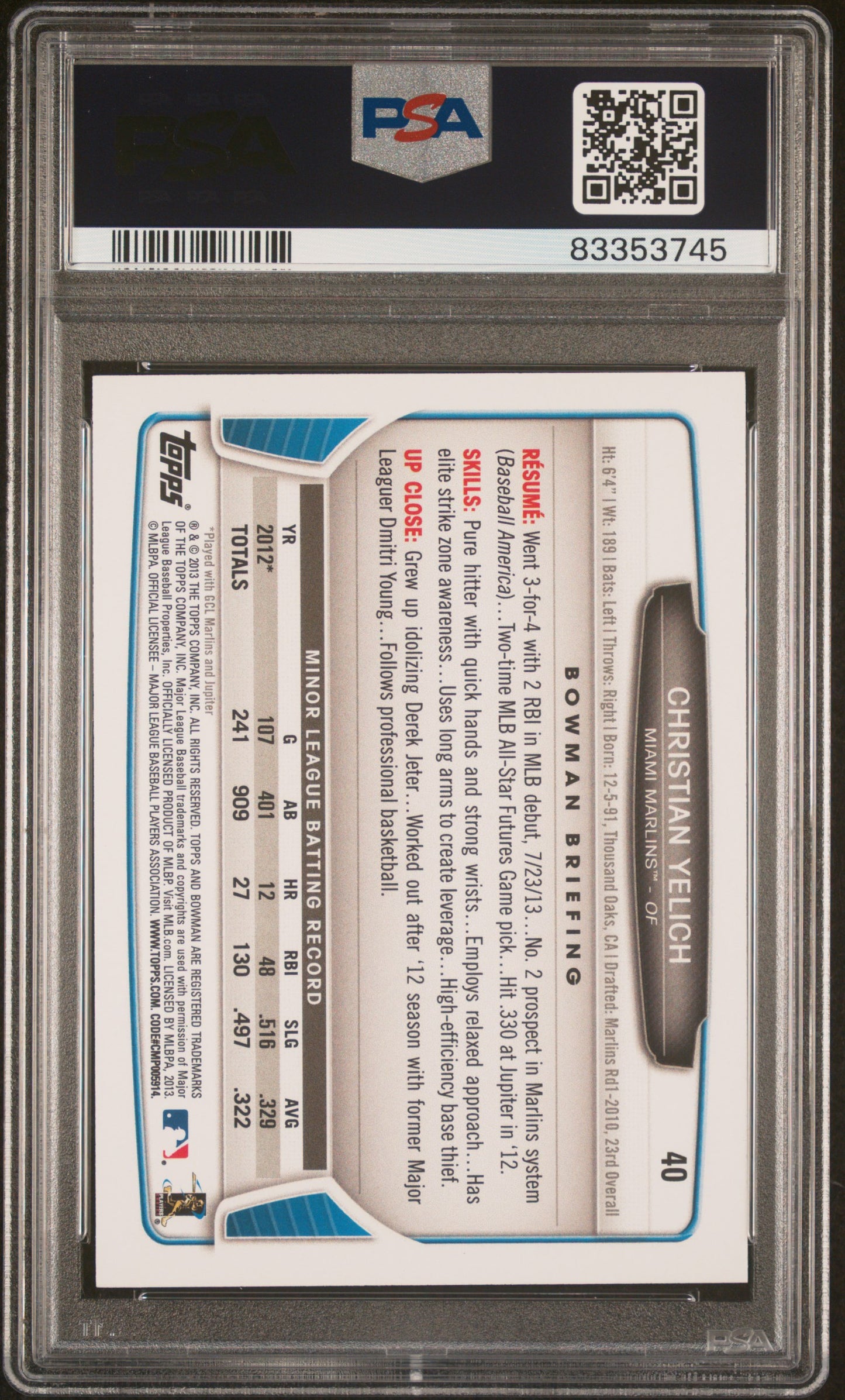 2013 Bowman Draft Picks & Prospects Rookies #40 Christian Yelich Rookies PSA 10