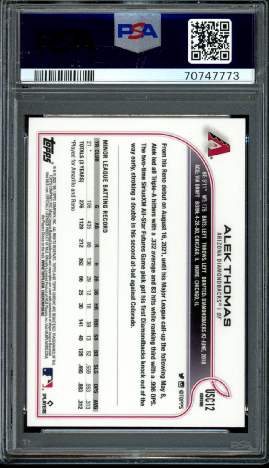 2022 Topps Chrome Update #USC12 Alek Thomas Pink Wave PSA 9