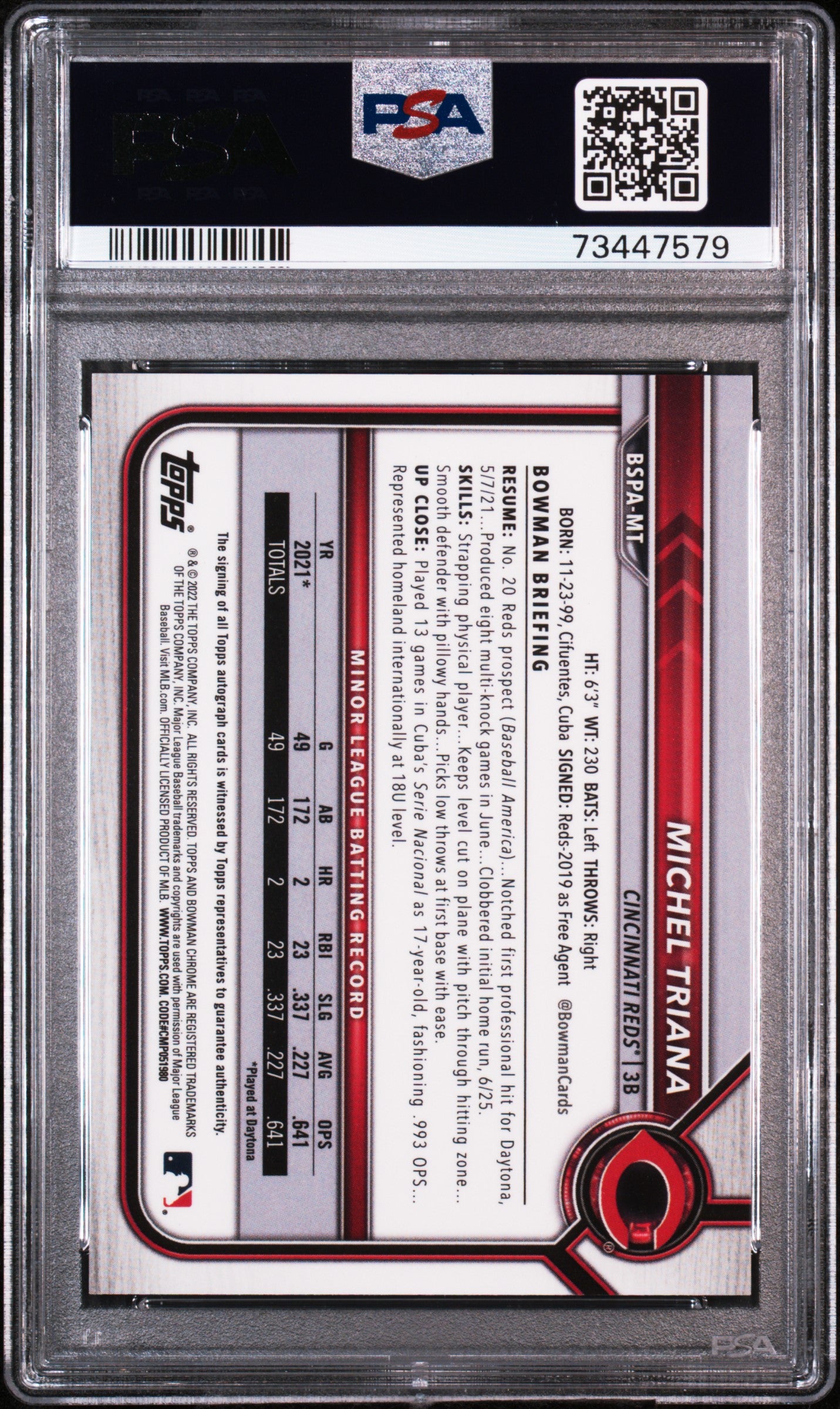 2022 Bowman S E Chrome Prospect Auto #MT Michel Triana Aqua 11/99 PSA 9