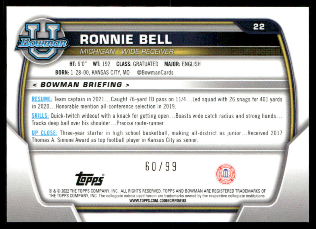 2022 Bowman University Chrome #22 Ronnie Bell Green Refractor #/99