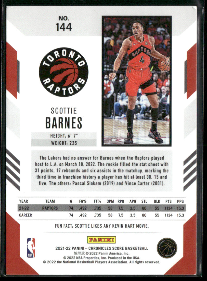 2021-22 Panini Chronicles #144 Scottie Barnes /99