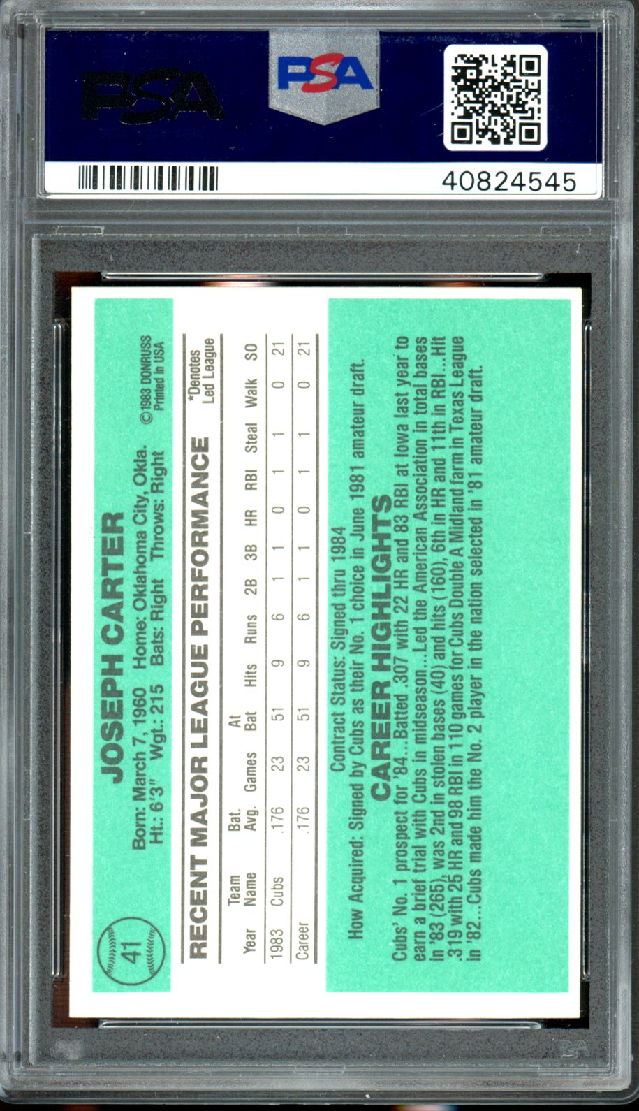 1984 Donruss #41 Joe Carter PSA 8