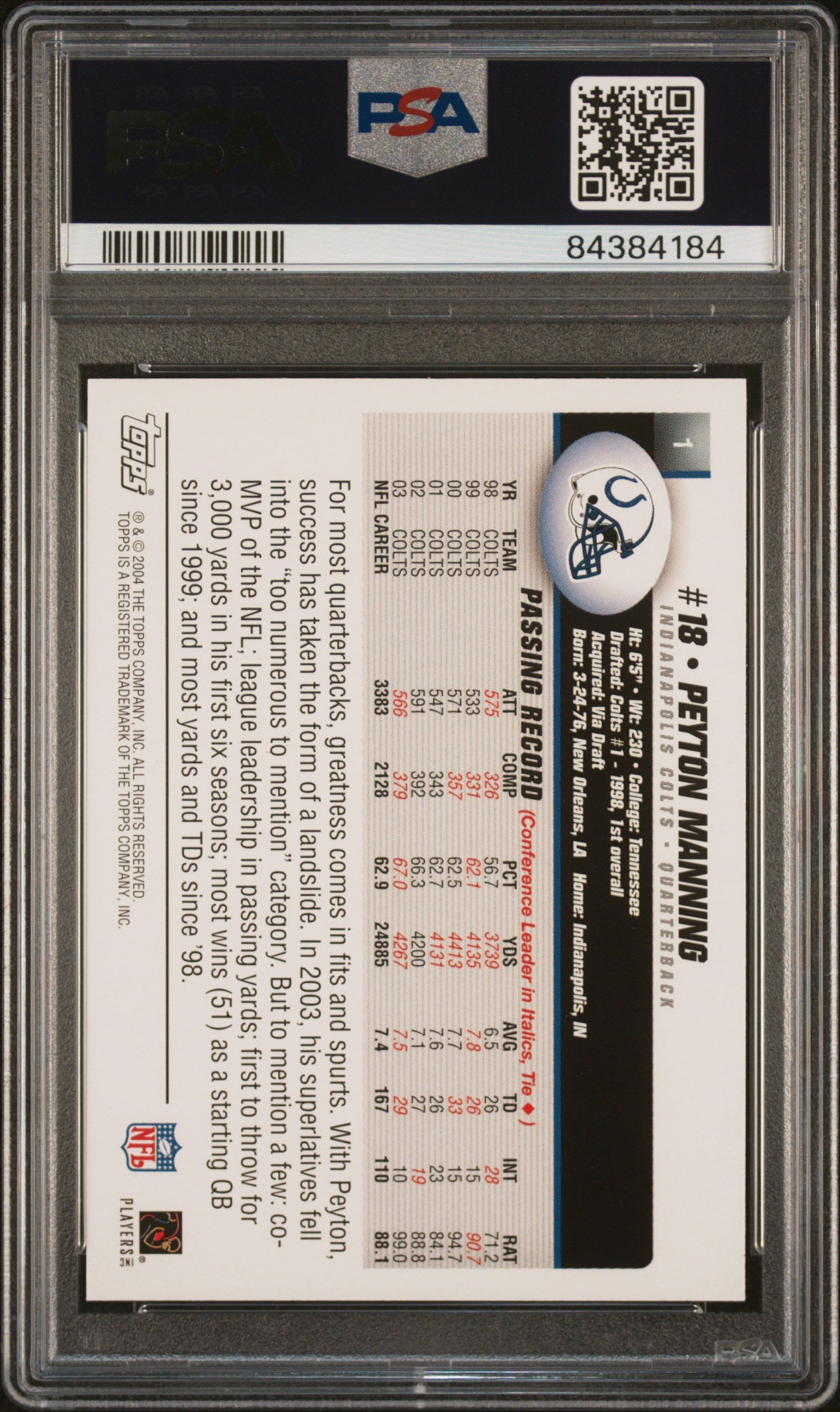 2004 Topps #1 Peyton Manning Collection PSA 10