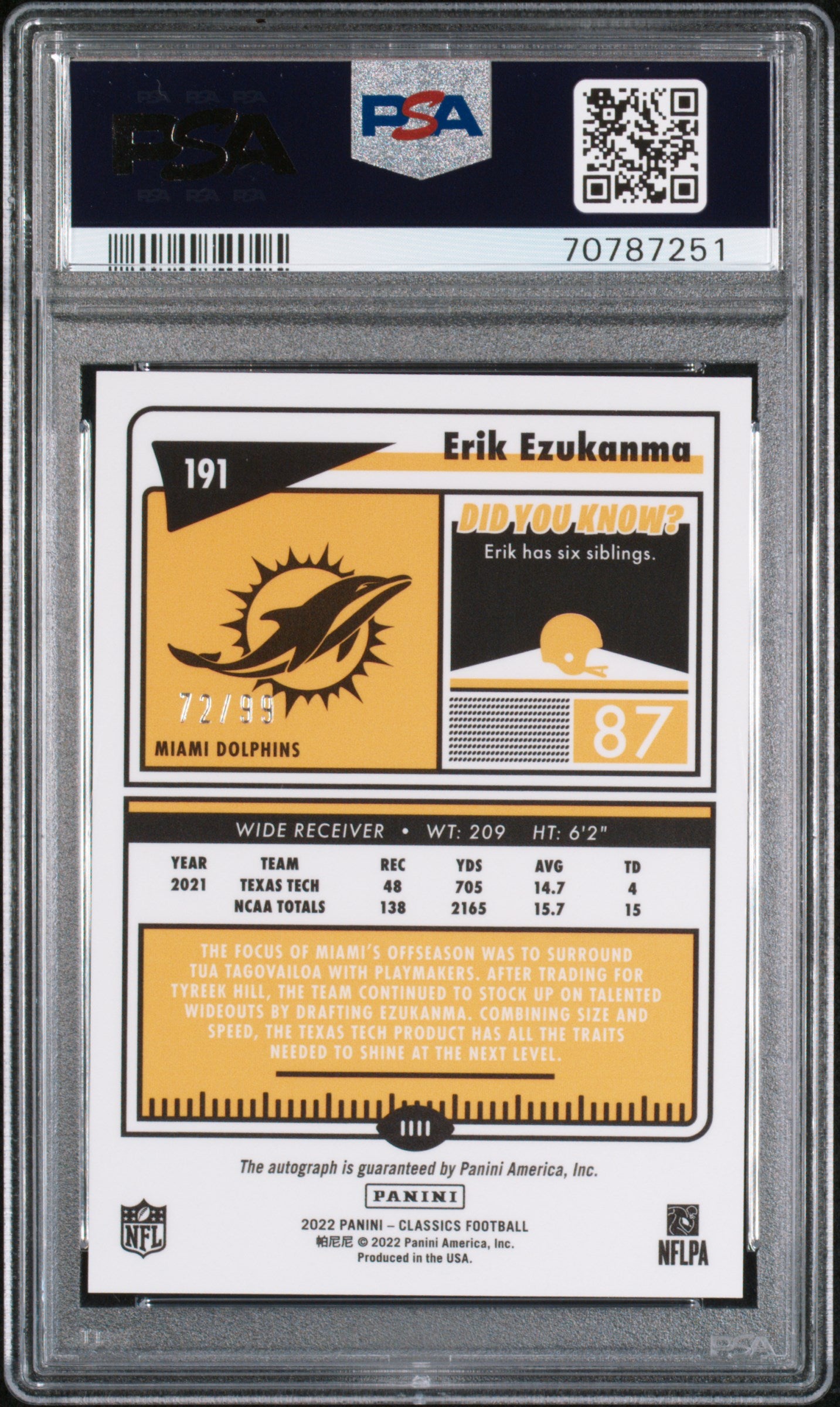 2022 Panini Classics #191 Erik Ezukanma P/E Sgnfcnt.Sig-Gold PSA 9 72/99