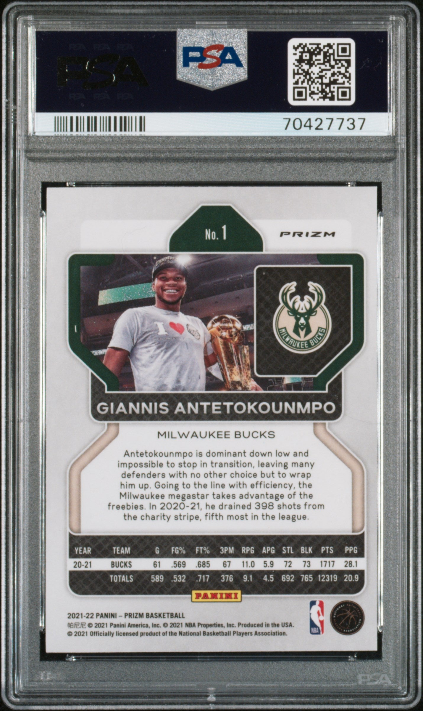 2021 Panini Prizm #1 G.Antetokounmpo Green Prizm PSA 9