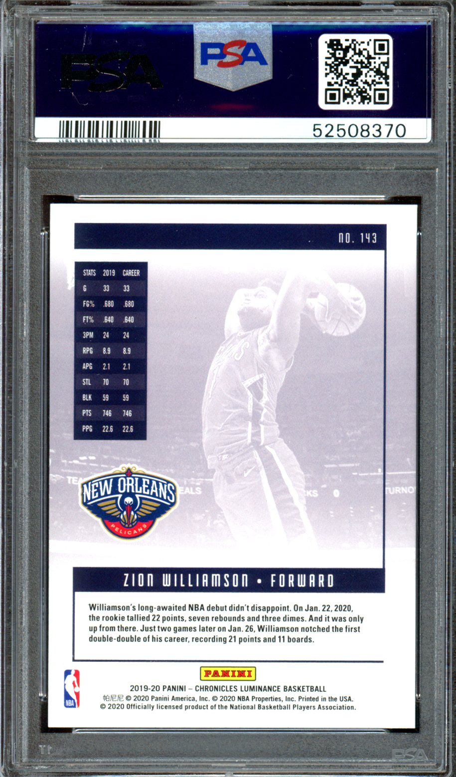 2019 Panini Chronicles #143 Zion Williamson PSA 10