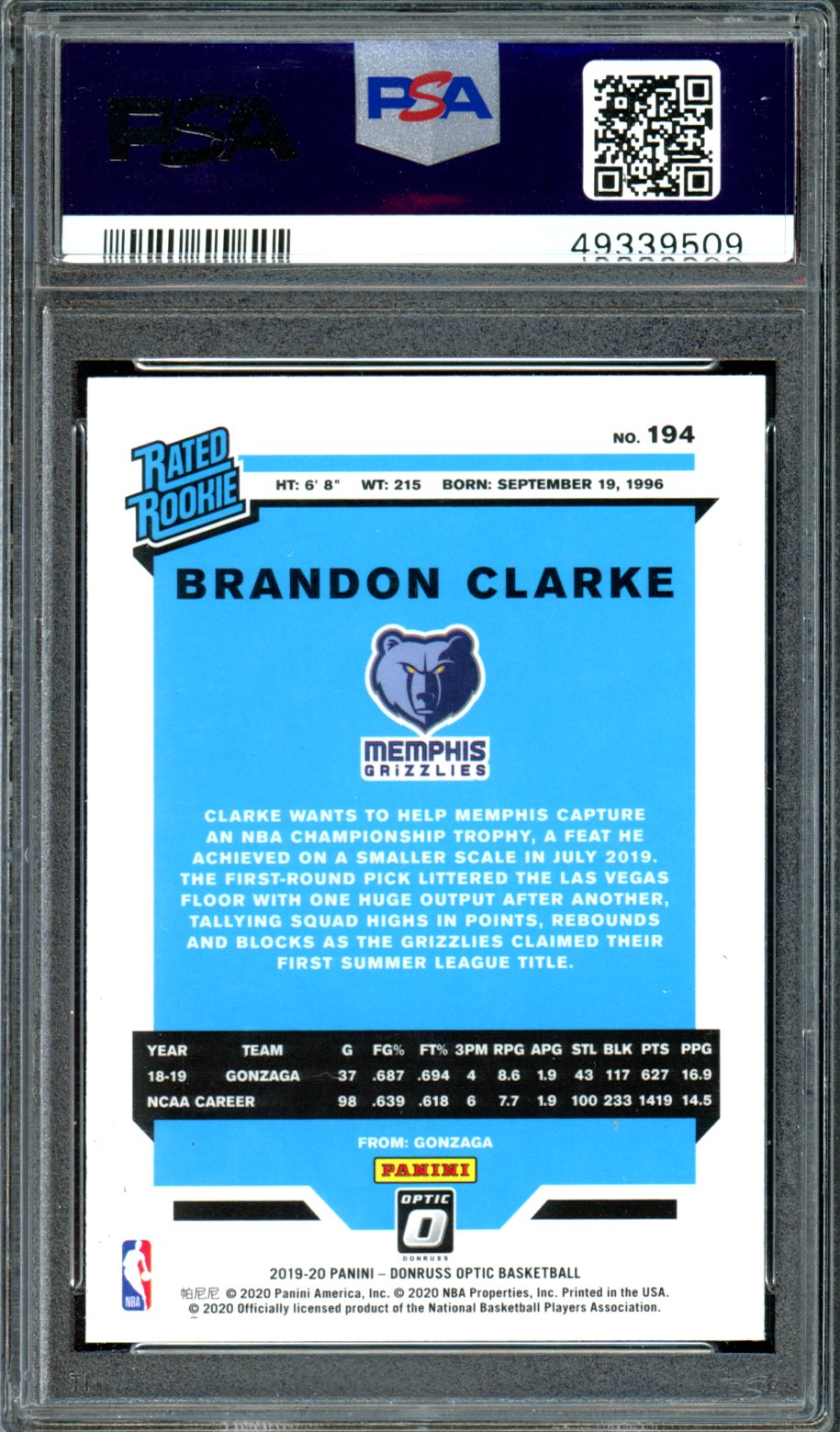 2019 Panini Donruss Optic #194 Brandon Clarke PSA 10