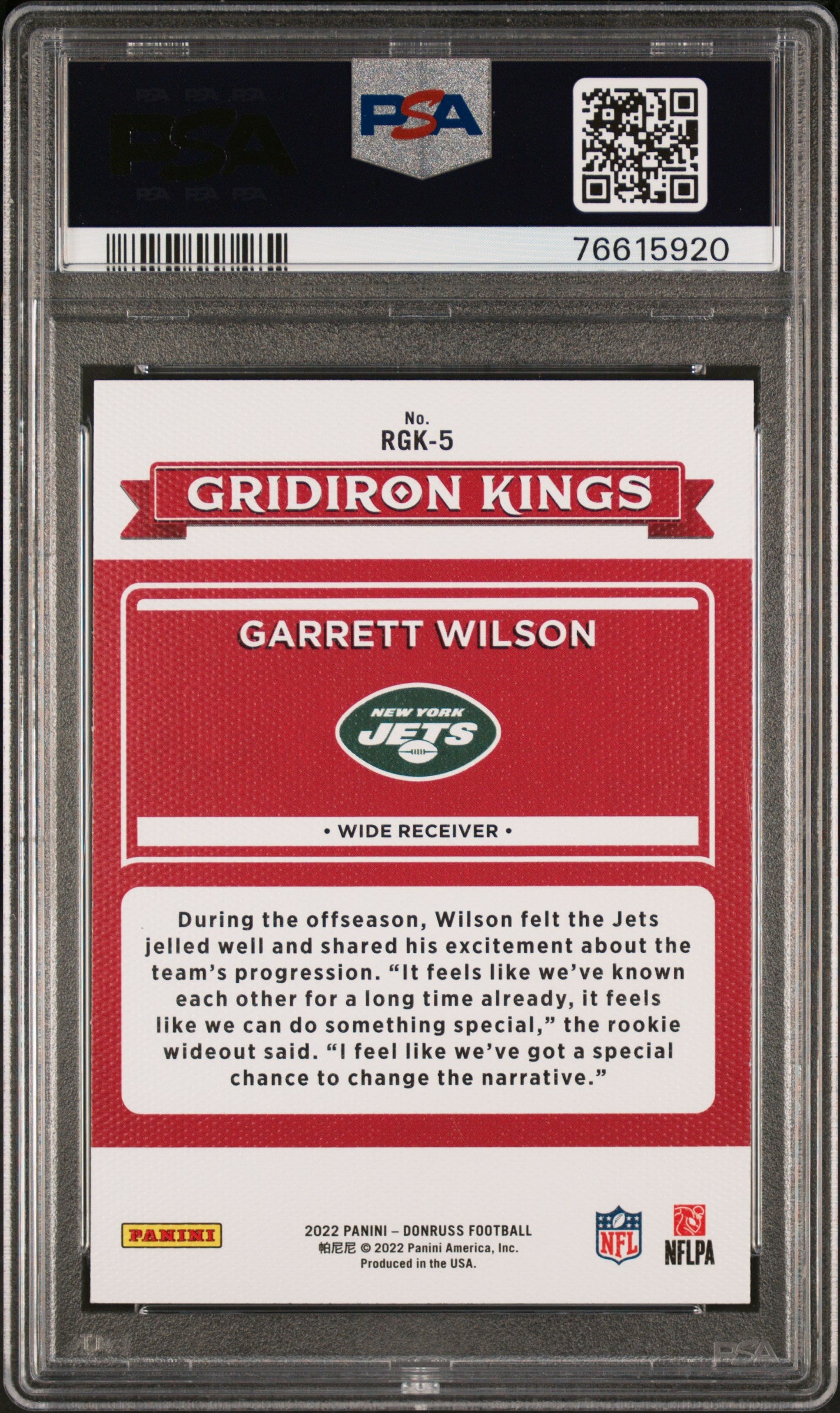 2022 Panini Donruss Rookie Gridiron Kings #RGK5 Garrett Wilson PSA 9