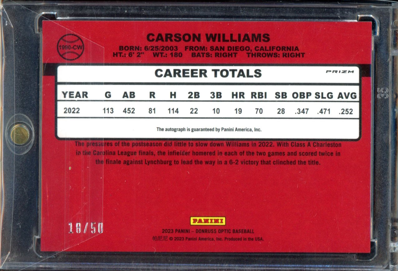 Carson Williams 2023 Donruss Optic Retro 1990 Auto /50 Lime Green