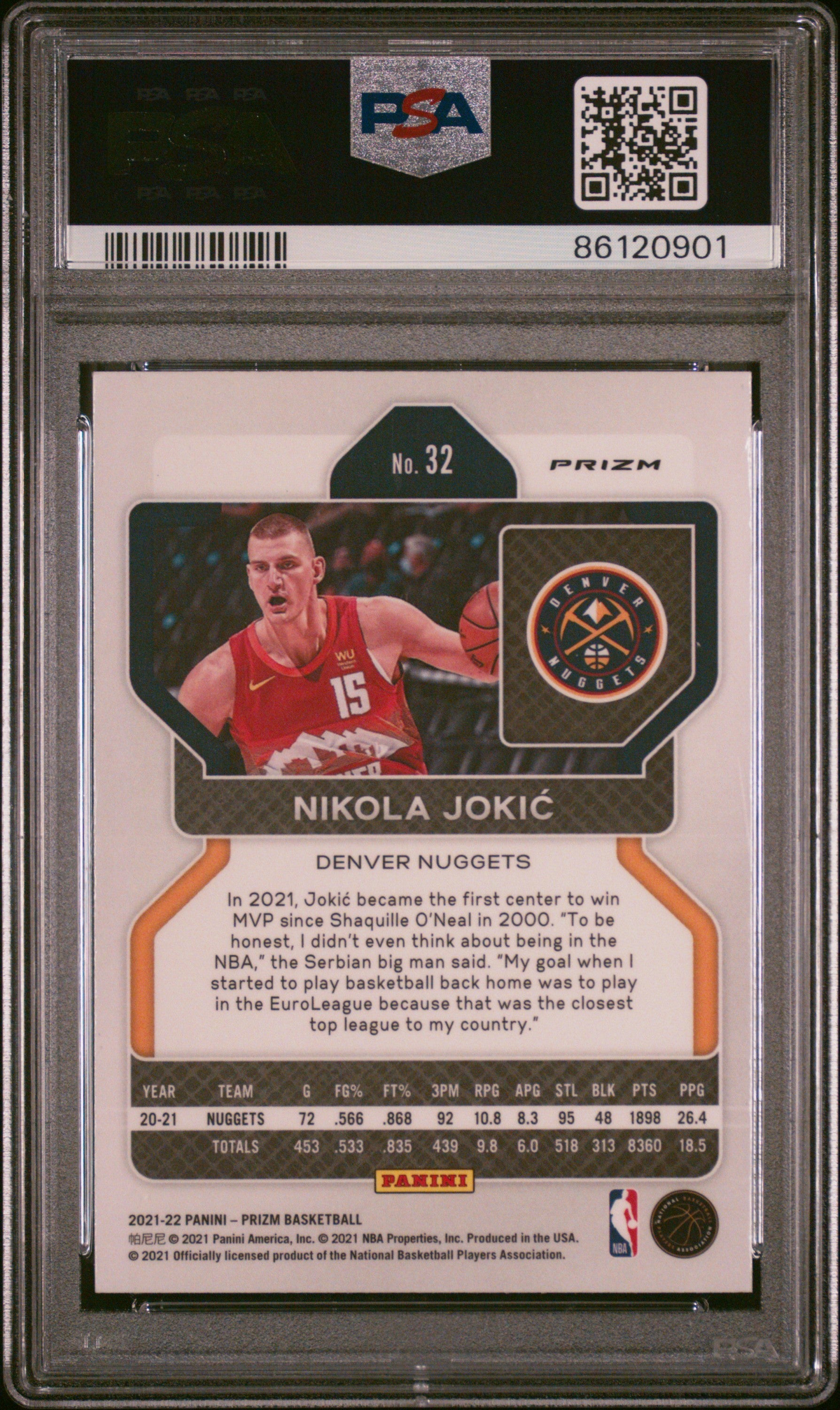 2021 Panini Prizm #32 Nikola Jokic Ice PSA 10