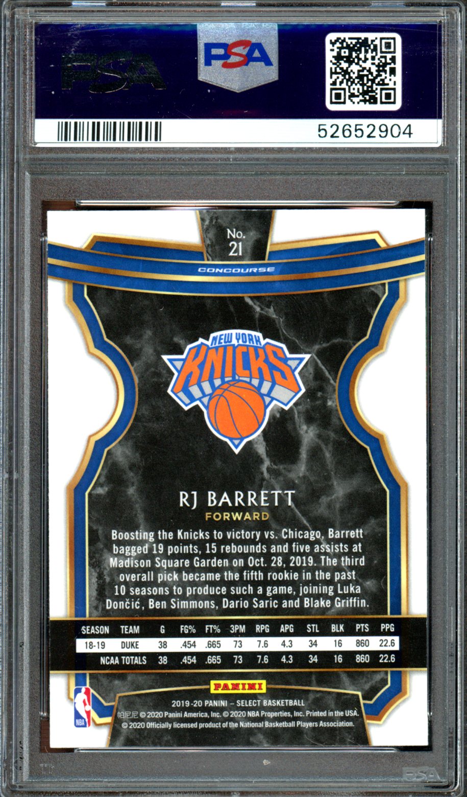 2019 Panini Select #21 Rj Barrett PSA 10