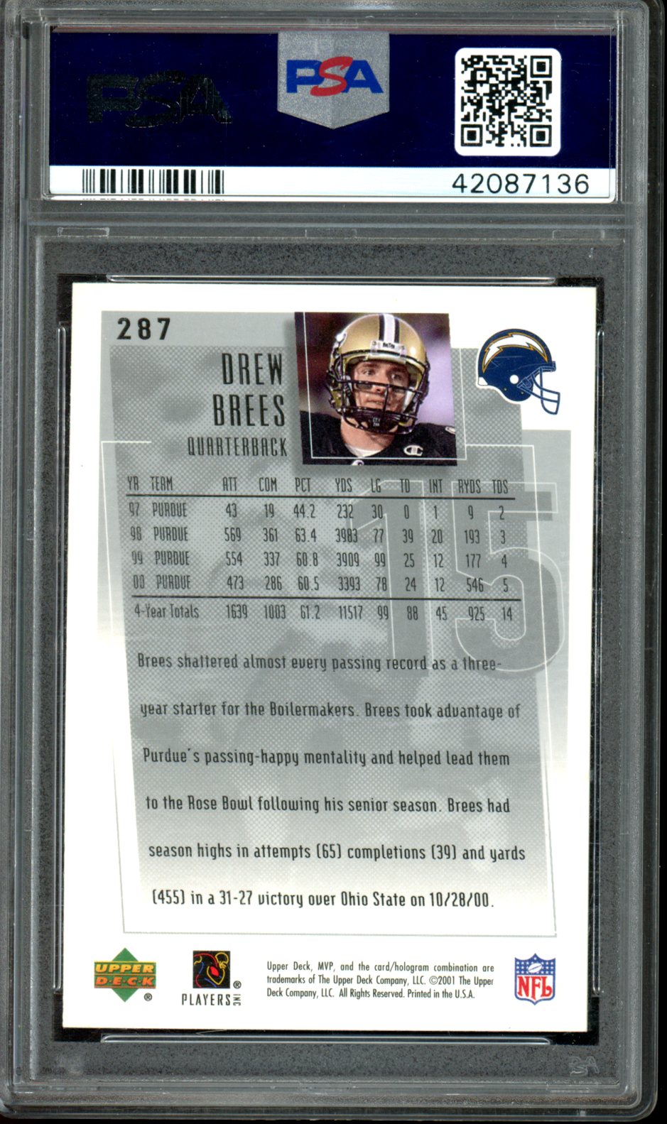 Drew Brees 2001 Upper Deck Mvp #287 PSA 9