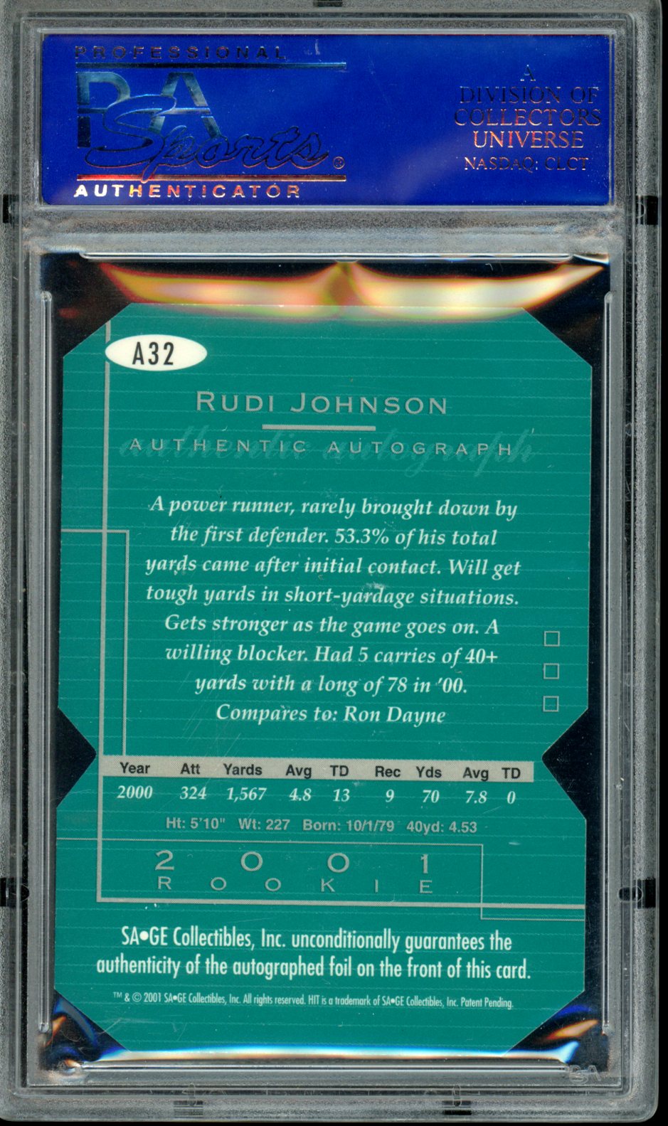 Rudi Johnson 2001 Sa-Ge Hit Autographs #A32 PSA 9 49/250