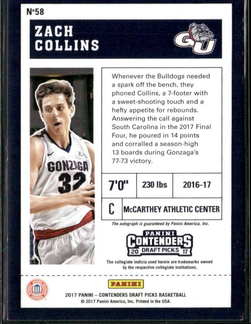 Zach Collins 2017 Panini Contenders Draft Picks #58  /99