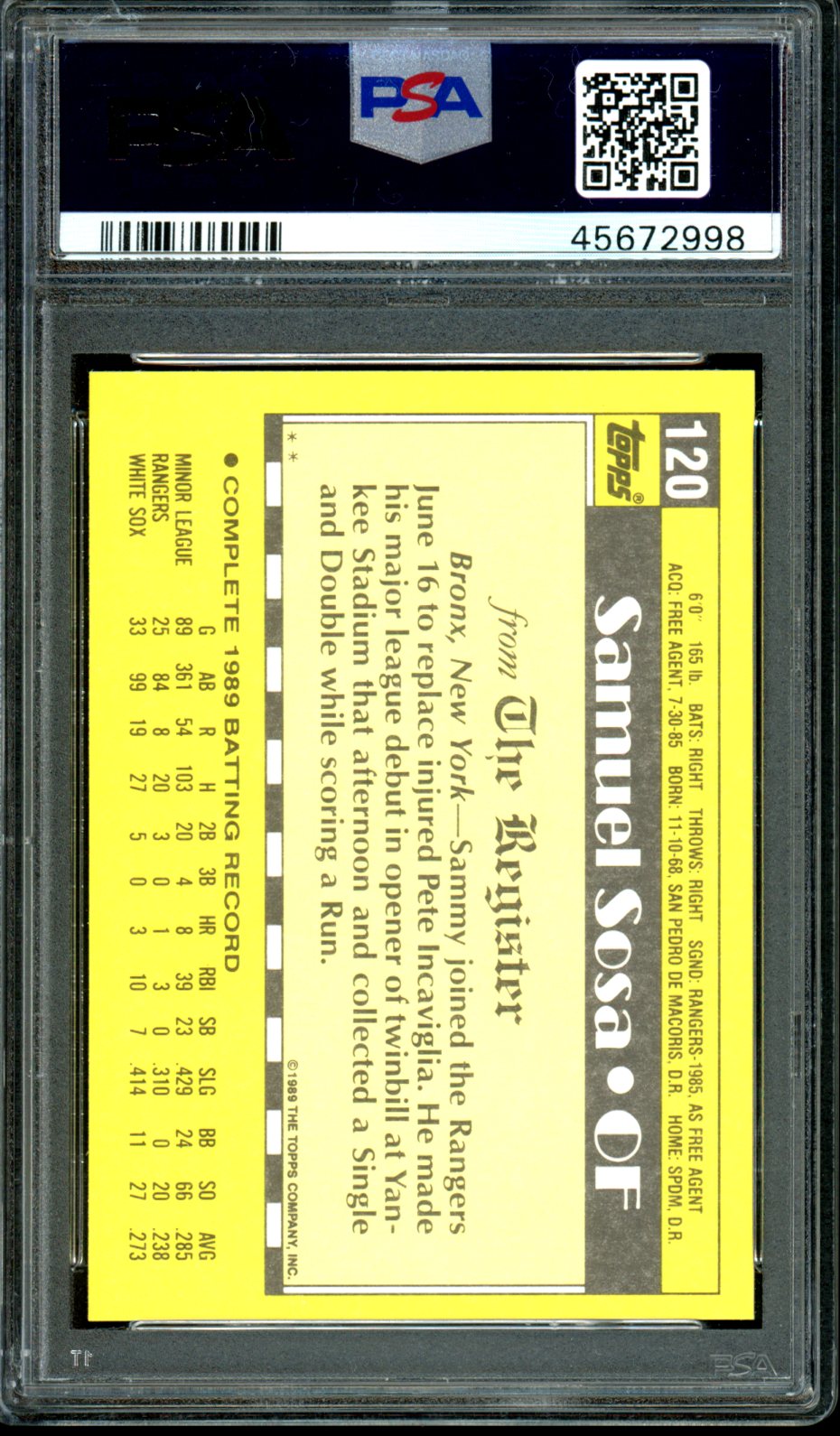 Sammy Sosa 1990 Topps '89 M.L. Debut #120 PSA 9