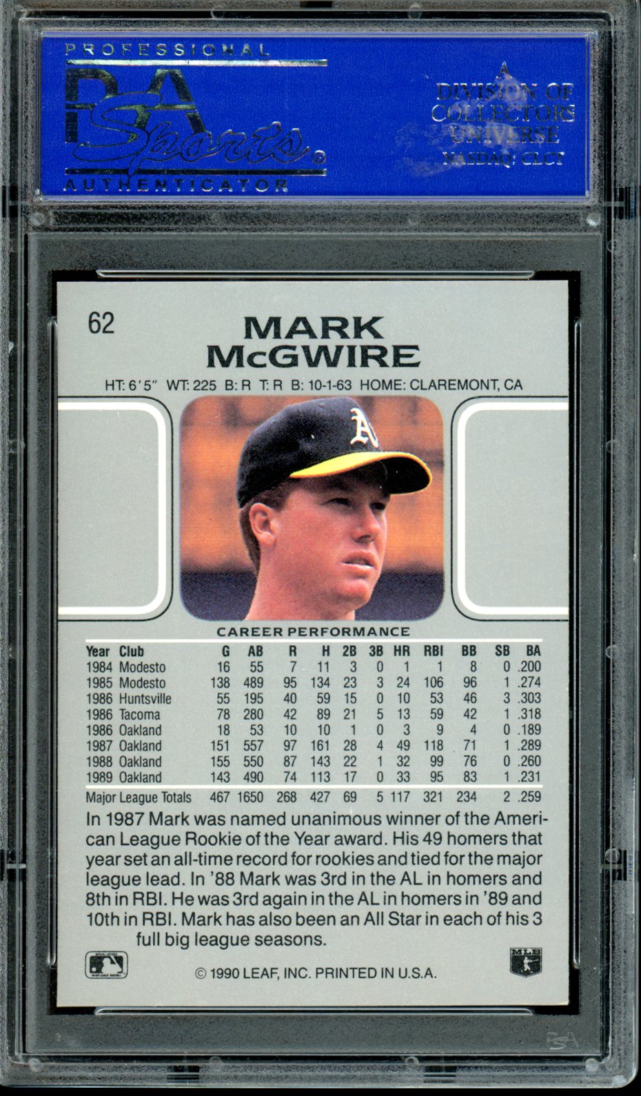 Mark Mcgwire 1990 Leaf #62 PSA 9