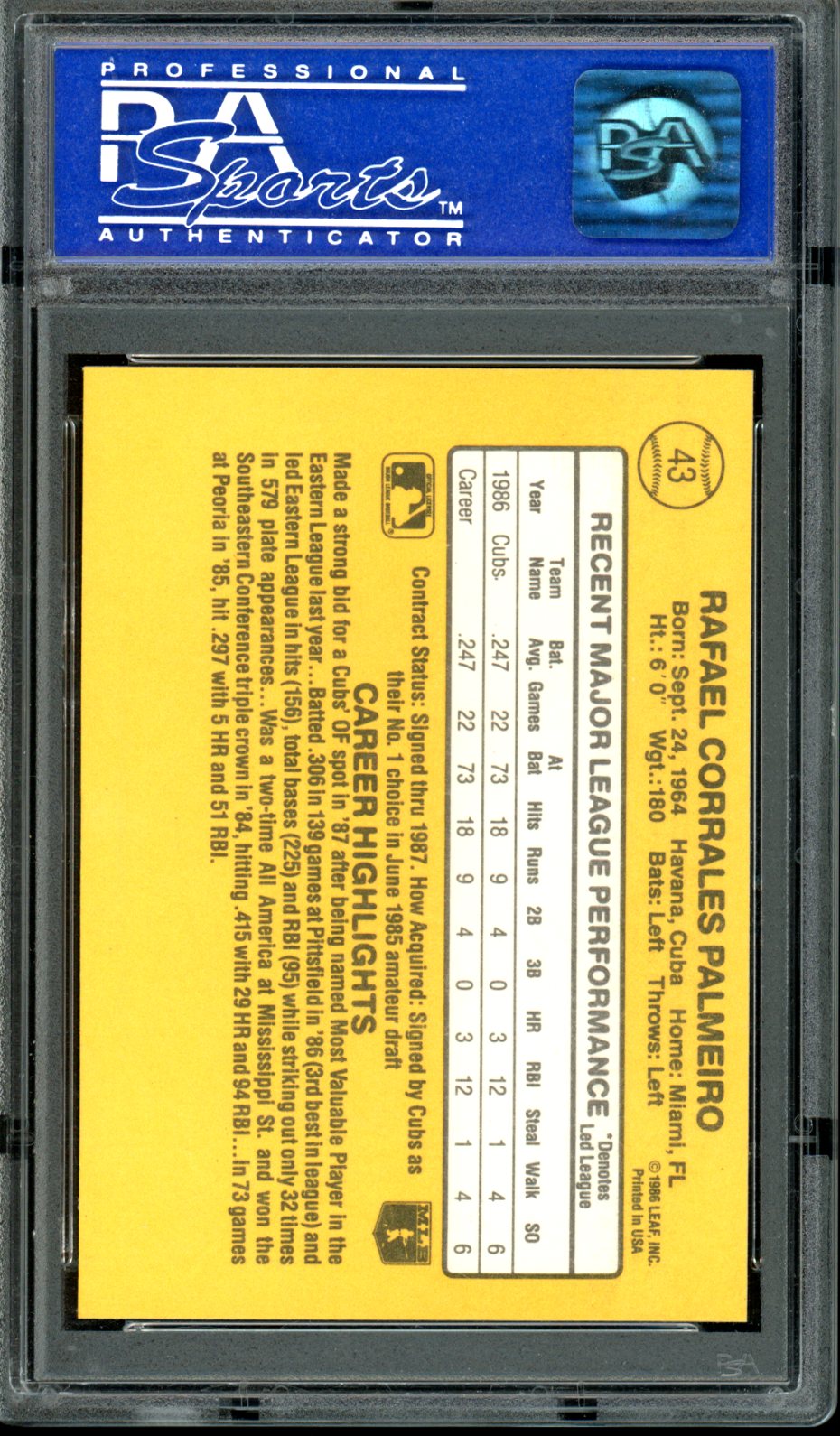 Rafael Palmeiro 1987 Donruss #43 PSA 9