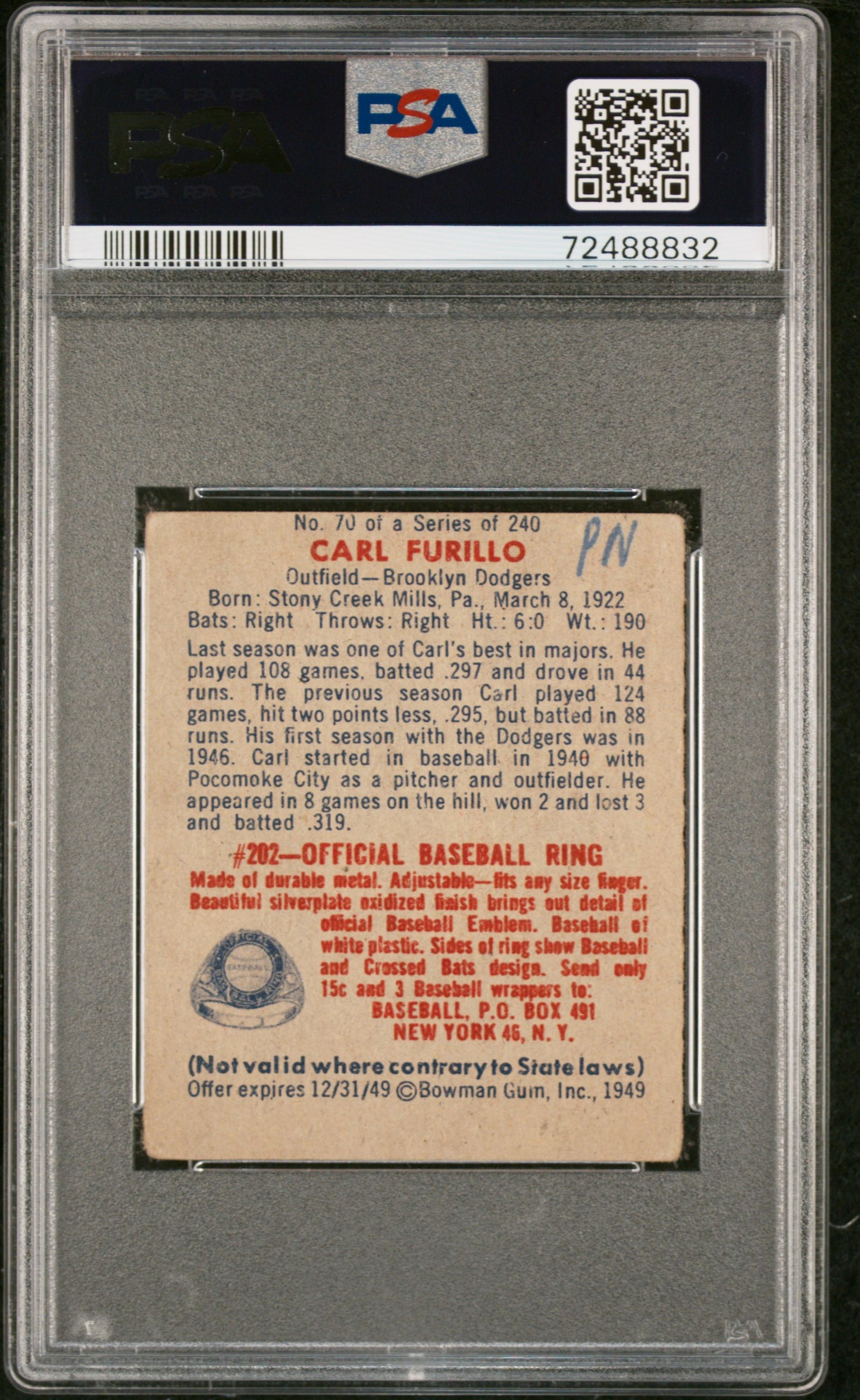 Carl Furillo 1949 Bowman #70 PSA 2 #/1250