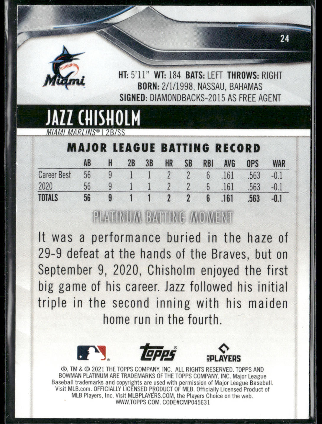 Jazz Chisholm 2021 Bowman Platinum #24 Blue #/150