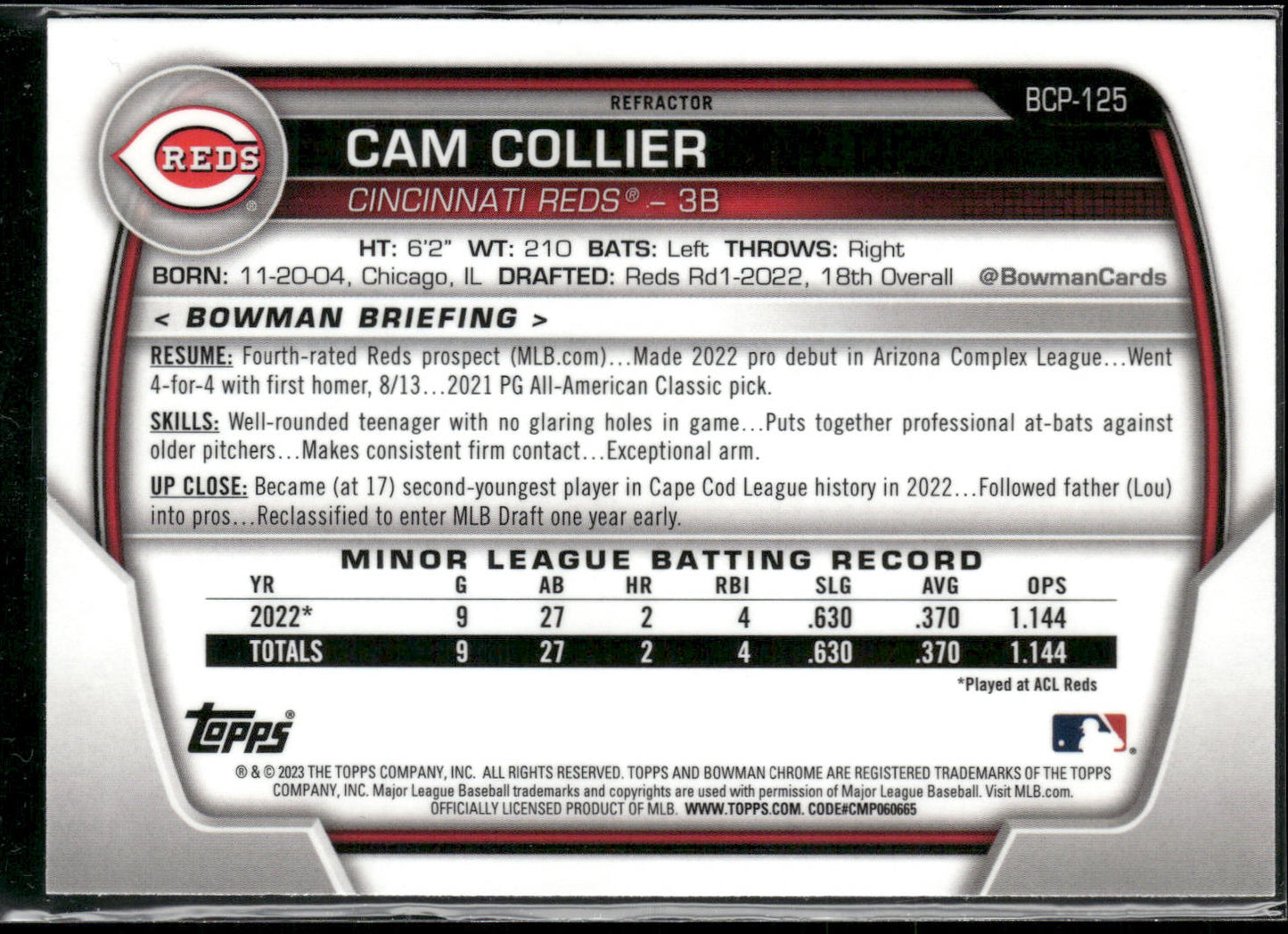 Cam Collier 2023 Bowman #BCP-125 Chrome Prospects Lunar Glow Refractor