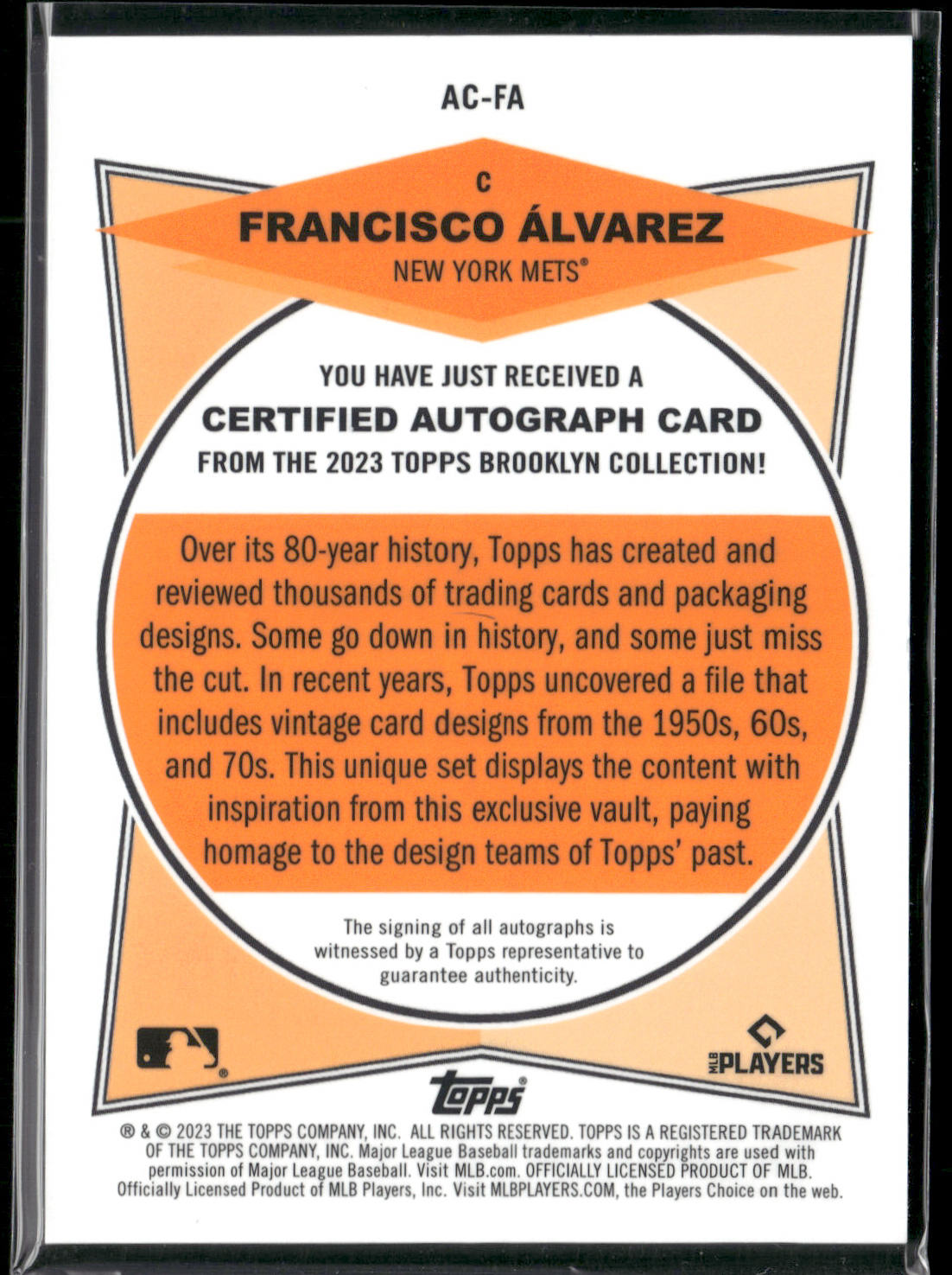 Francisco Álvarez 2023 Topps Brooklyn Collection #AC-FA Autographs Gold #/50