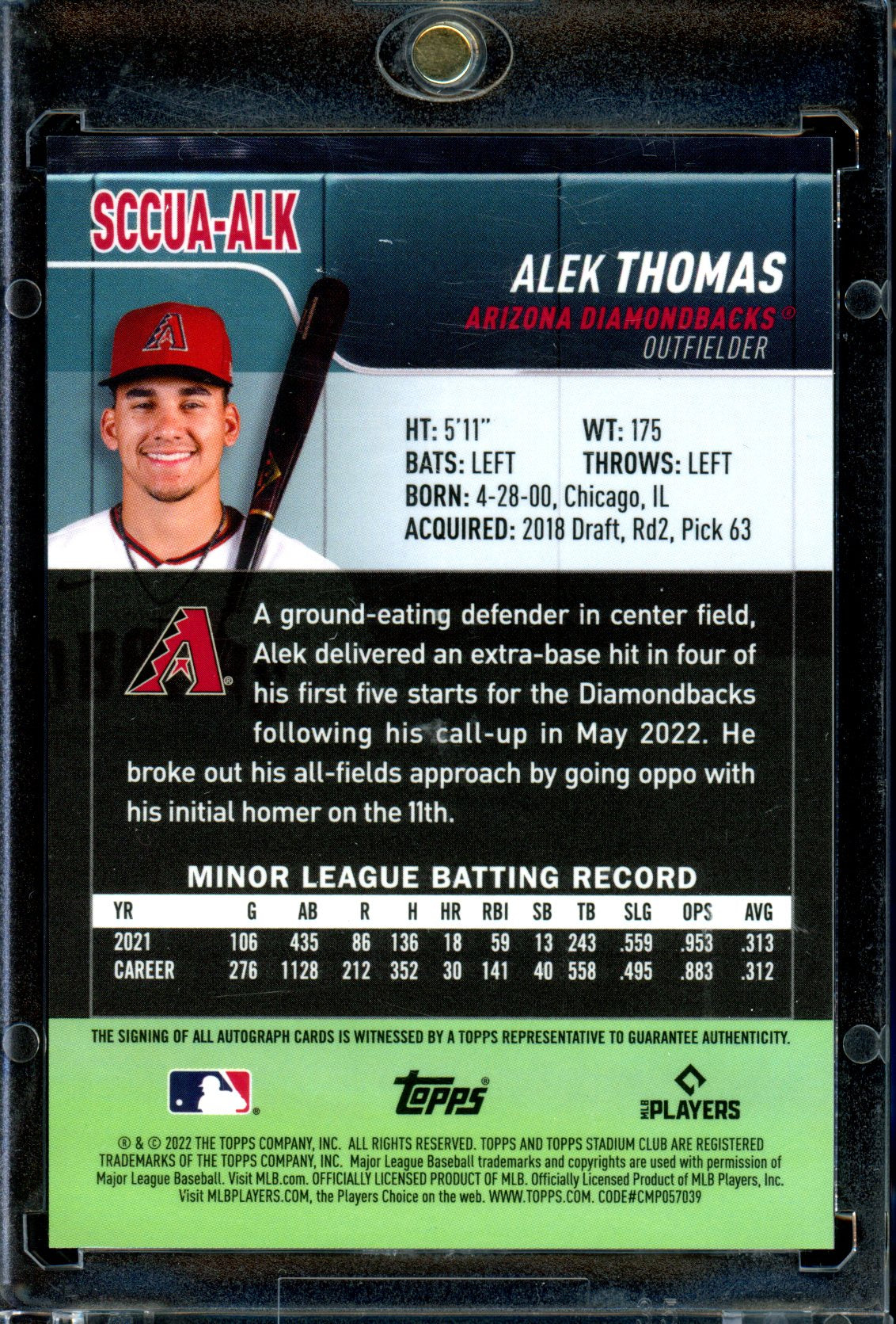 Alek Thomas 2022 Stadium Club Chrome #SCCUA-ALK Autographs